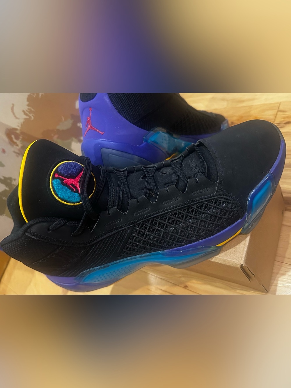 Air Jordan 38 Aqua Men’s Black & Purple Basketball Sneakers with Teal Accents